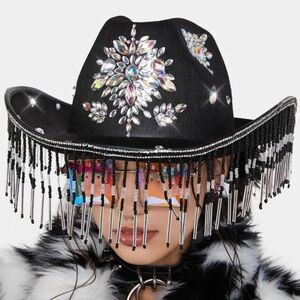 Black Beaded Fringe Rhinestone Cowboy Hat